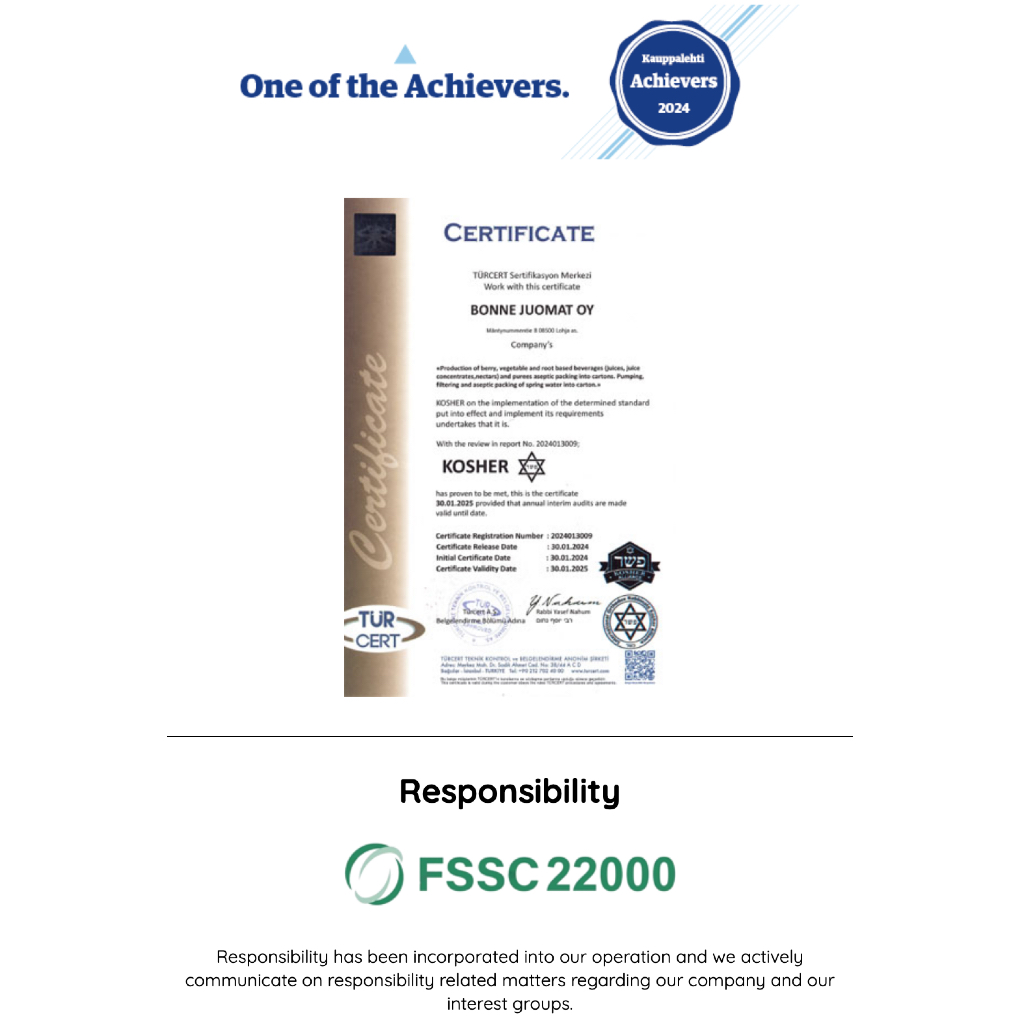 NƯỚC ÉP TRÁI CÂY NGUYÊN CHẤT TỪ RỪNG PHẦN LAN Bonne Lakka-Omena MEHU PREMIUM Artic Happy Juicery, 1 Lít