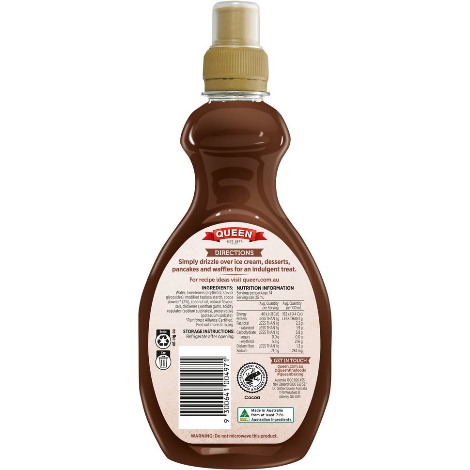 SỐT SOCOLA KHÔNG ĐƯỜNG Queen Chocolate Fudge Sugar Free Topping, 355ml