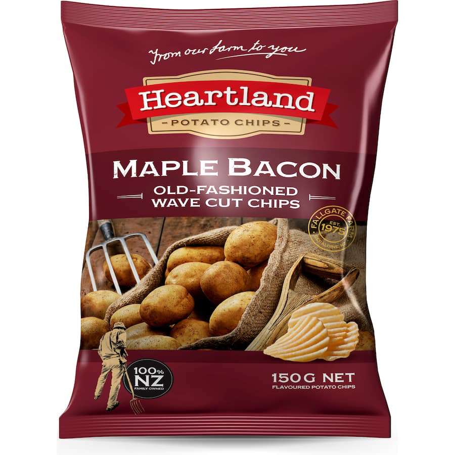 CHIP KHOAI TÂY GIÒN Heartland Chips New Zealand, THỊT XÔNG KHÓI Maple Bacon / GÀ / KEM CHUA, 150g
