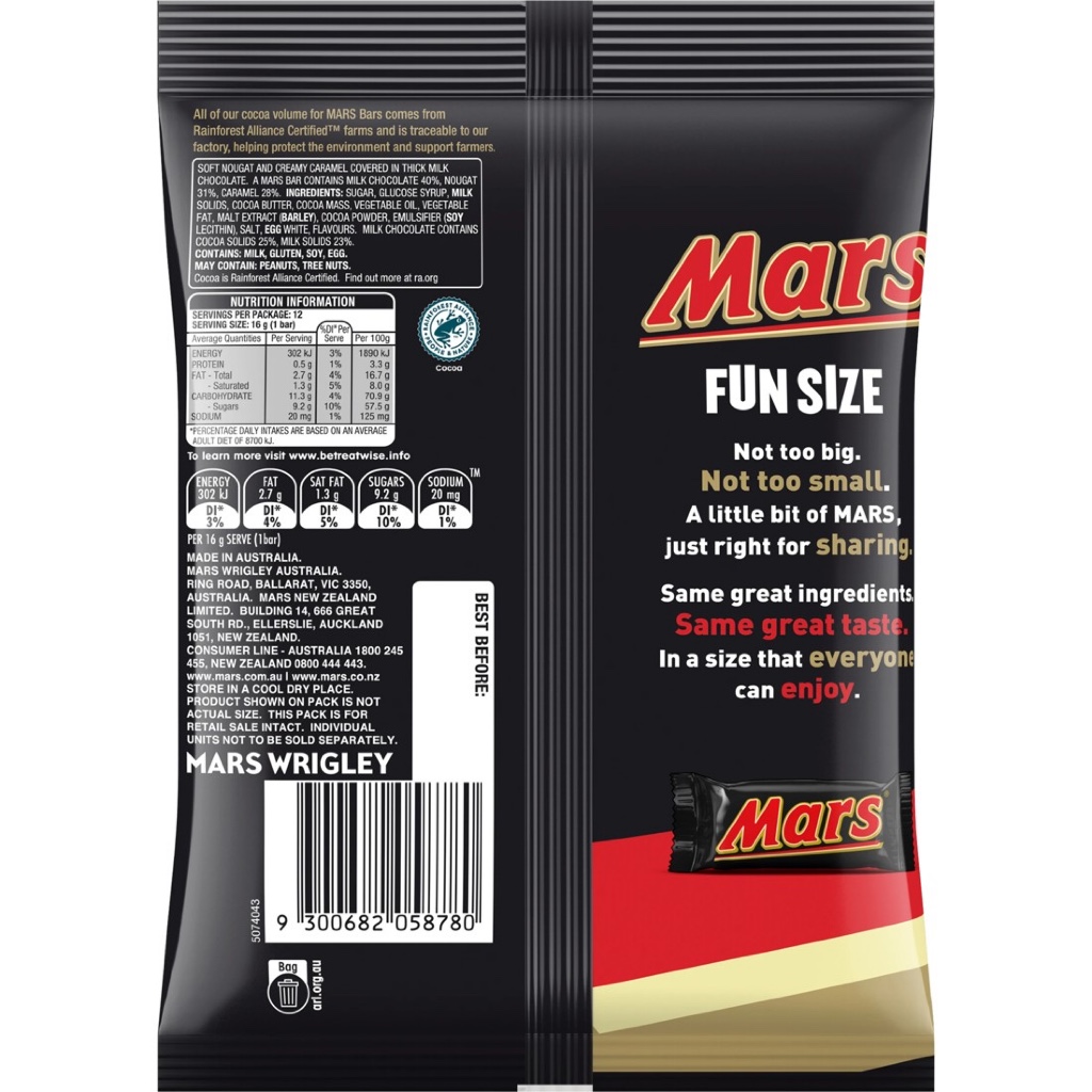 TÚI 12 VIÊN SOCOLA Snickers / Mars Fun Size, 180g - 192g