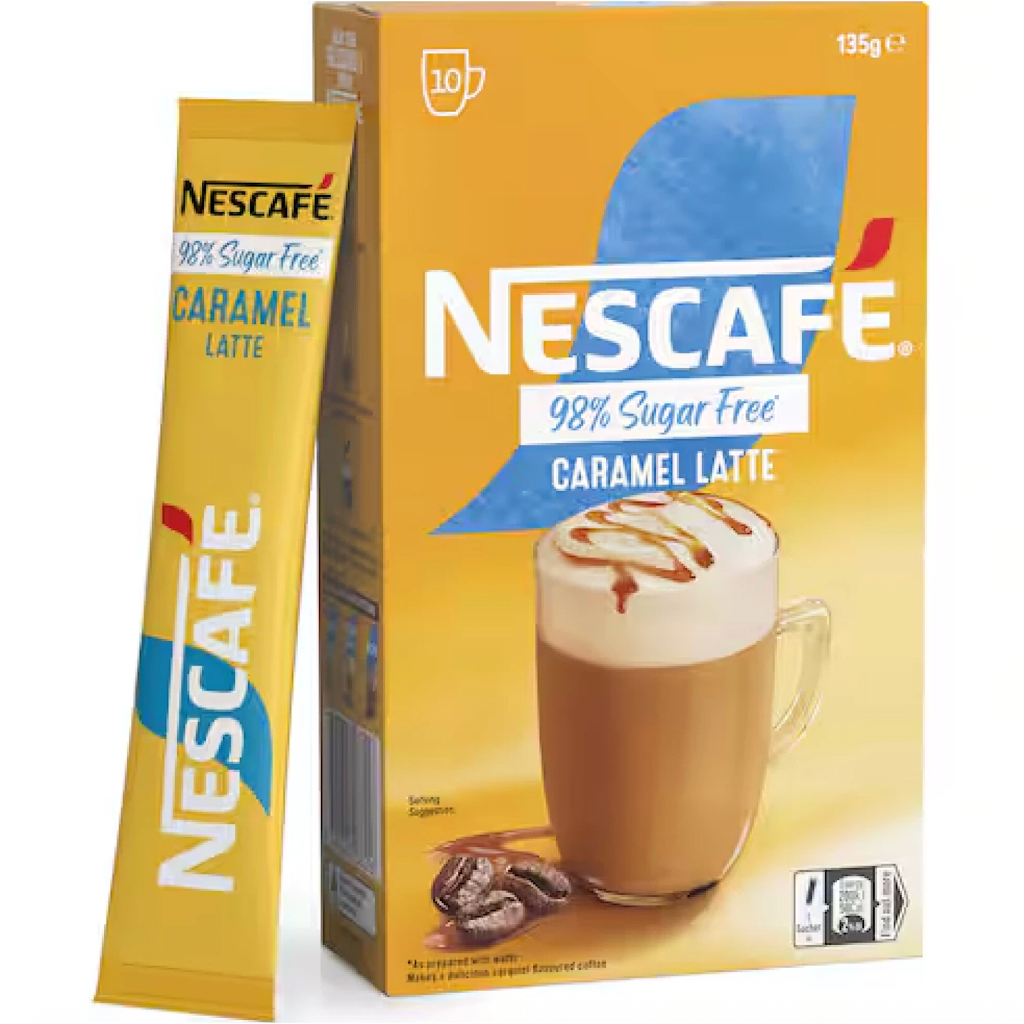 HỘP 10 GÓI CAFE 98% KHÔNG ĐƯỜNG Nescafe Coffee Sachets - Sugar Free, Latte - Vanilla Malt - Caramel - Hazelnut - Mocha