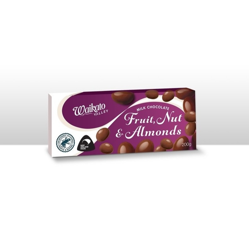 HỘP SOCOLA ĐEN / SỮA / TRẮNG Waikato Valley Chocolates, DARK / MILK / WHITE ALMONDS, FRUIT NUT, 200g