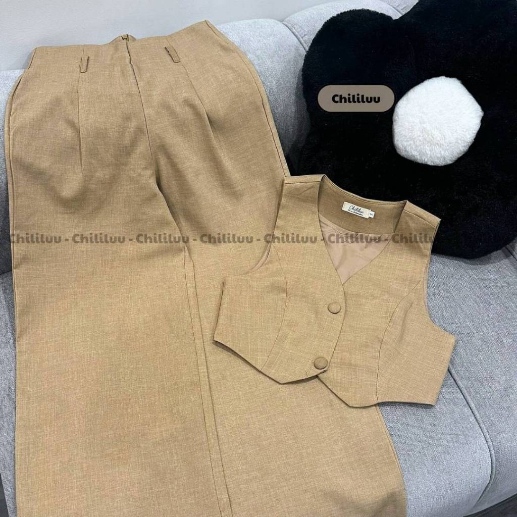 Set áo croptop Chililuu áo vạt V kèm quần suông ống rộng thắt đai cá tính