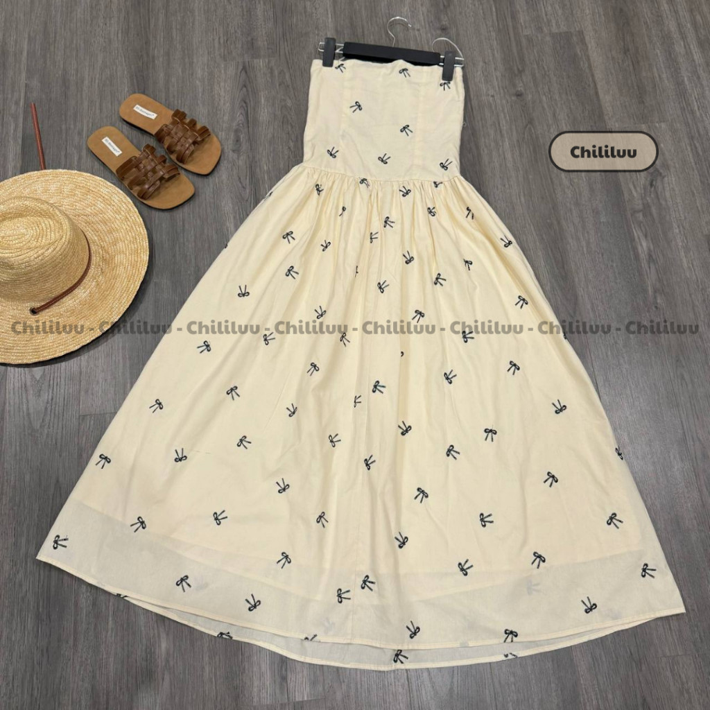 Váy cúp ngực Chililuu đầm maxi cúp ngực thêu hoa dáng dài phong cách tiểu thư