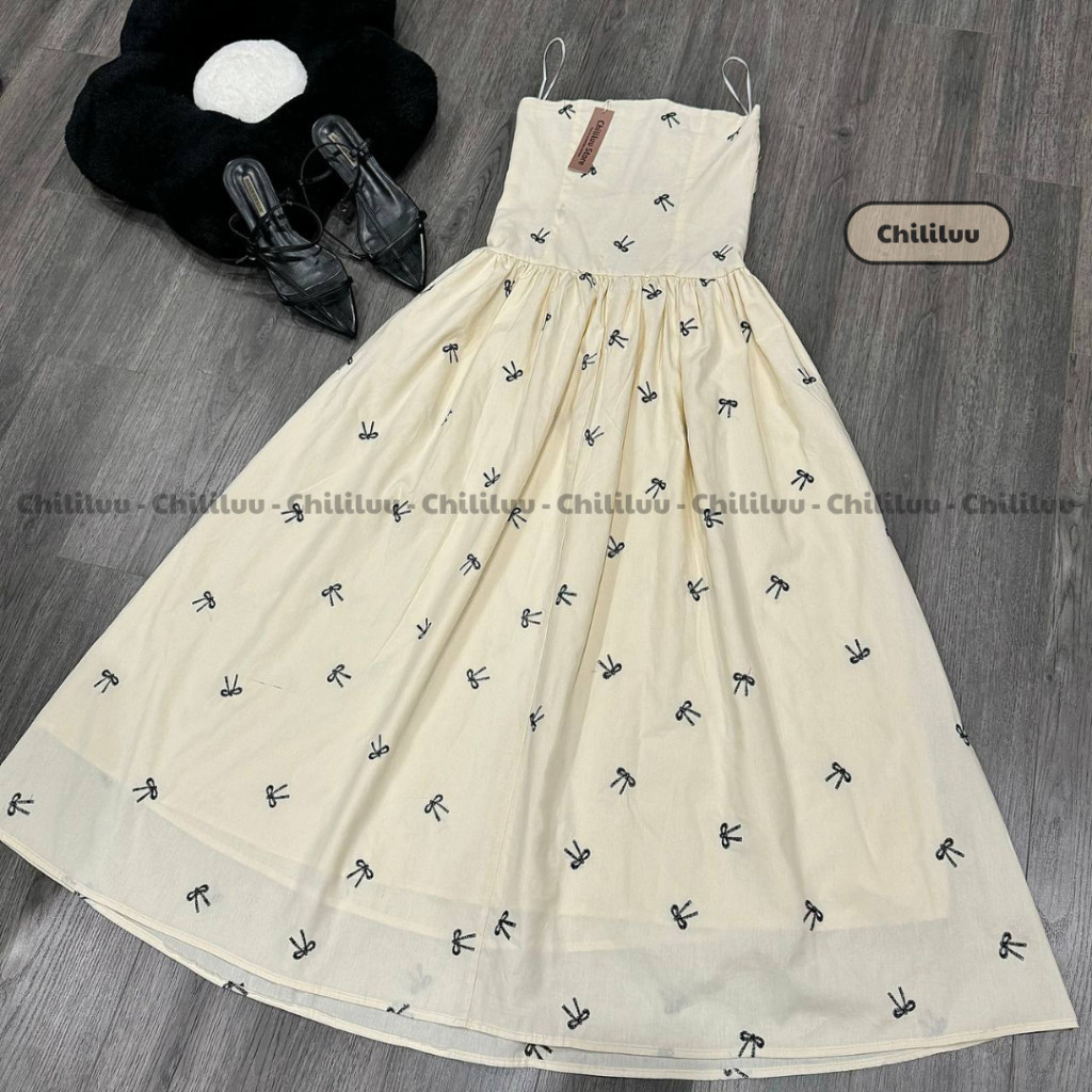 Váy cúp ngực Chililuu đầm maxi cúp ngực thêu hoa dáng dài phong cách tiểu thư