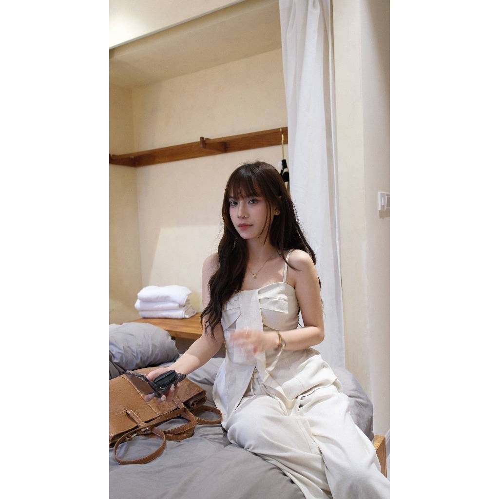 Set quần áo nữ Chililuu áo hai dây sát nách đính nơ kèm quần suông ống rộng phong cách Hàn Quốc sang chảnh
