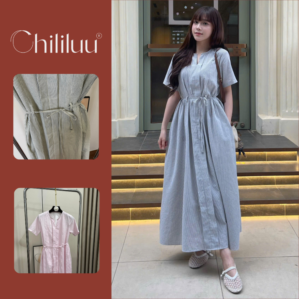 Đầm maxi Chililuu váy dáng dài kẻ sọc tay ngắn form suông chiết eo phong cách thanh lịch sang chảnh