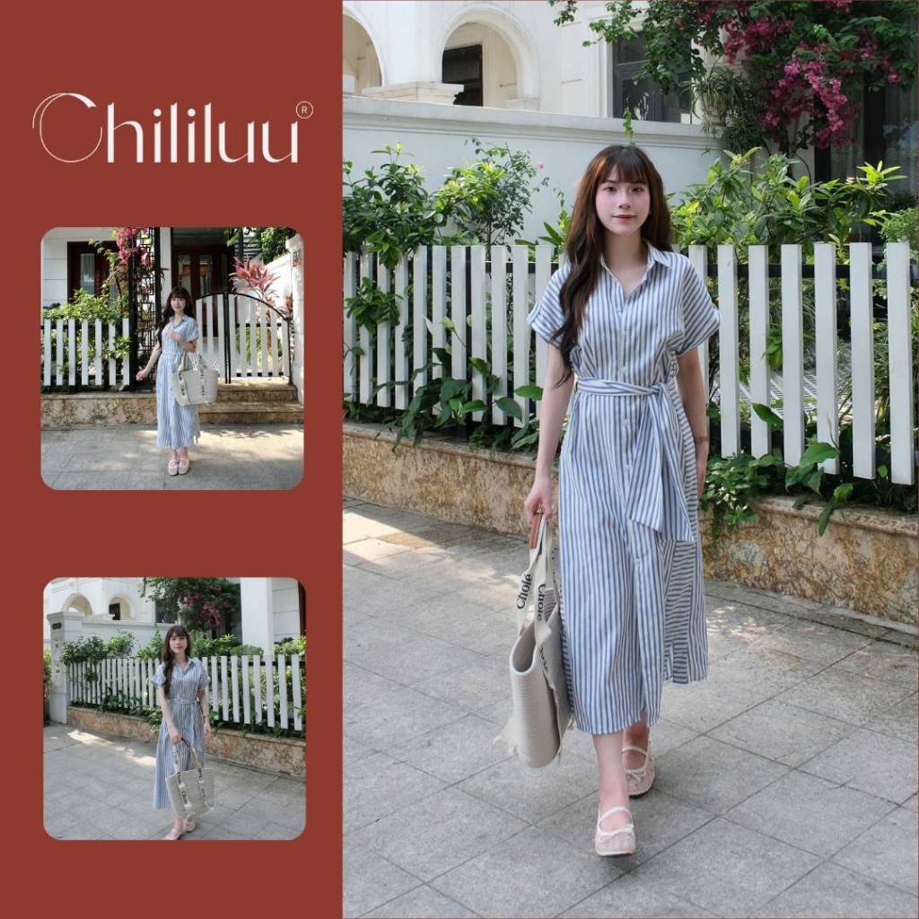 Đầm maxi nữ Chililuu váy xanh kẻ sọc trắng dáng dài kèm đai chiết eo tôn dáng phong cách thanh lịch Hàn Quốc