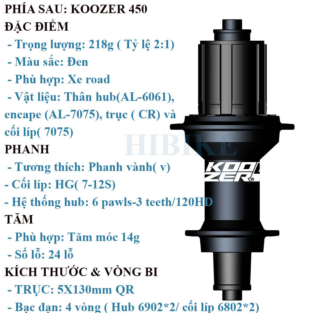 Bộ Hub KOOZER 450 20/24 Lỗ  6 Pawls - Phanh V - Tăm Móc - HG