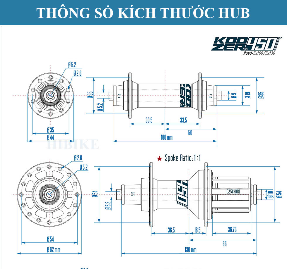 Bộ Hub KOOZER 450 20/24 Lỗ  6 Pawls - Phanh V - Tăm Móc - HG