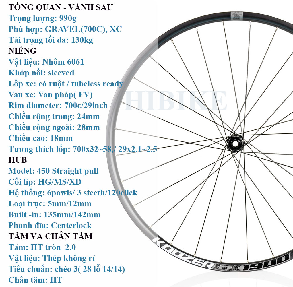 Bộ Vành Nhôm 700C/29Iinch KOOZER GX1900 - Phanh Đĩa 6 Ốc