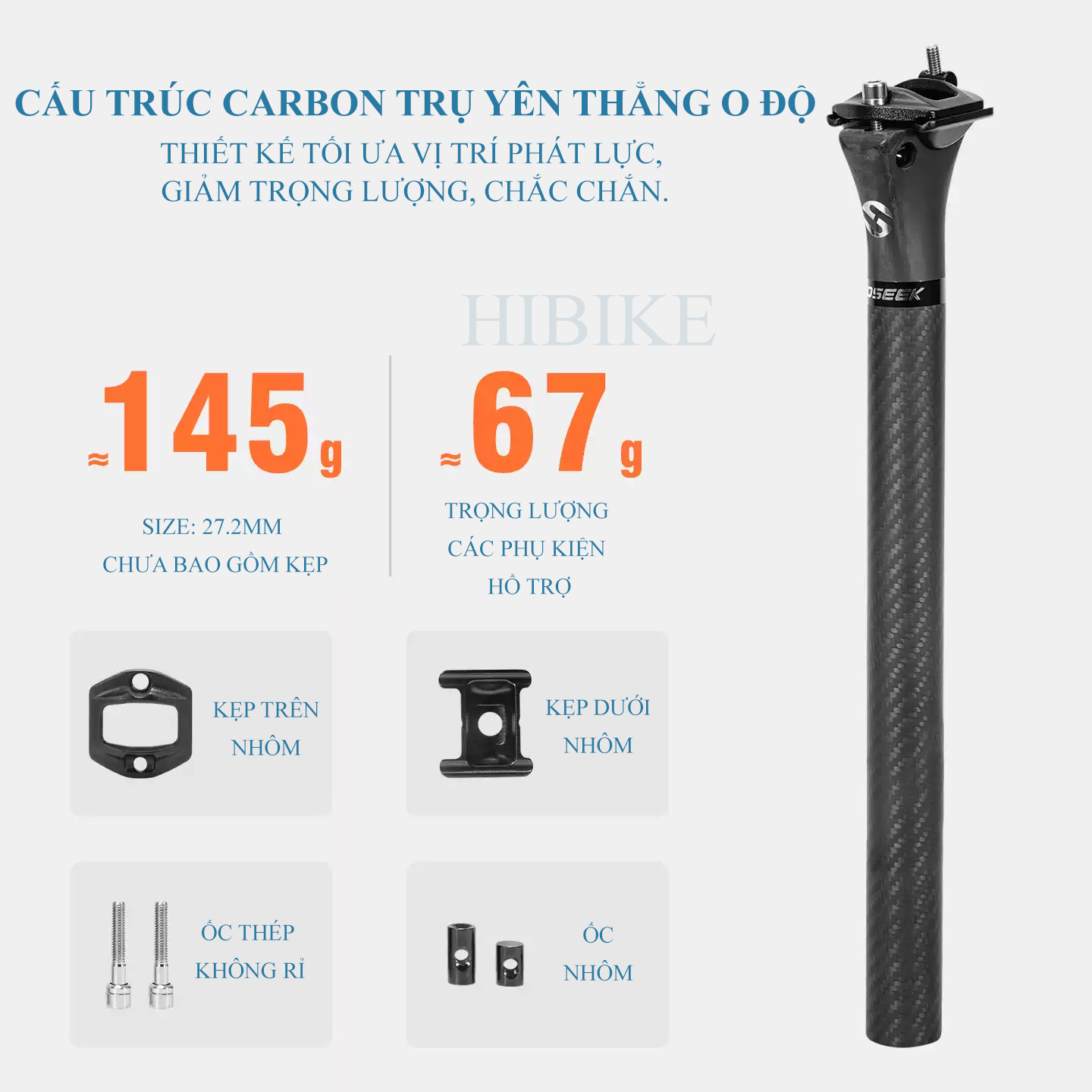 Cọc Yên Xe Đạp CARBON Cao Cấp TOSEEK C25 0 Độ