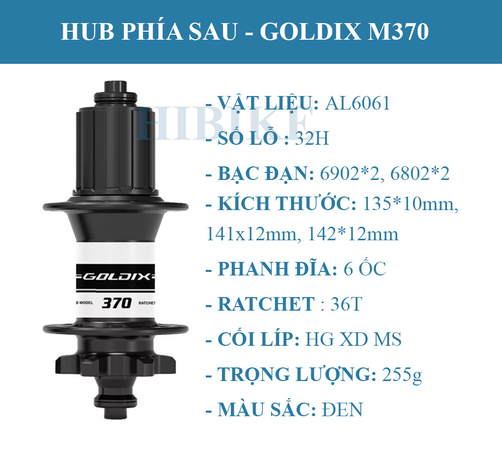 Bộ Hub Xe Đạp GOLDIX M370 - Phanh Đĩa 6 Ốc - Rachet 36T