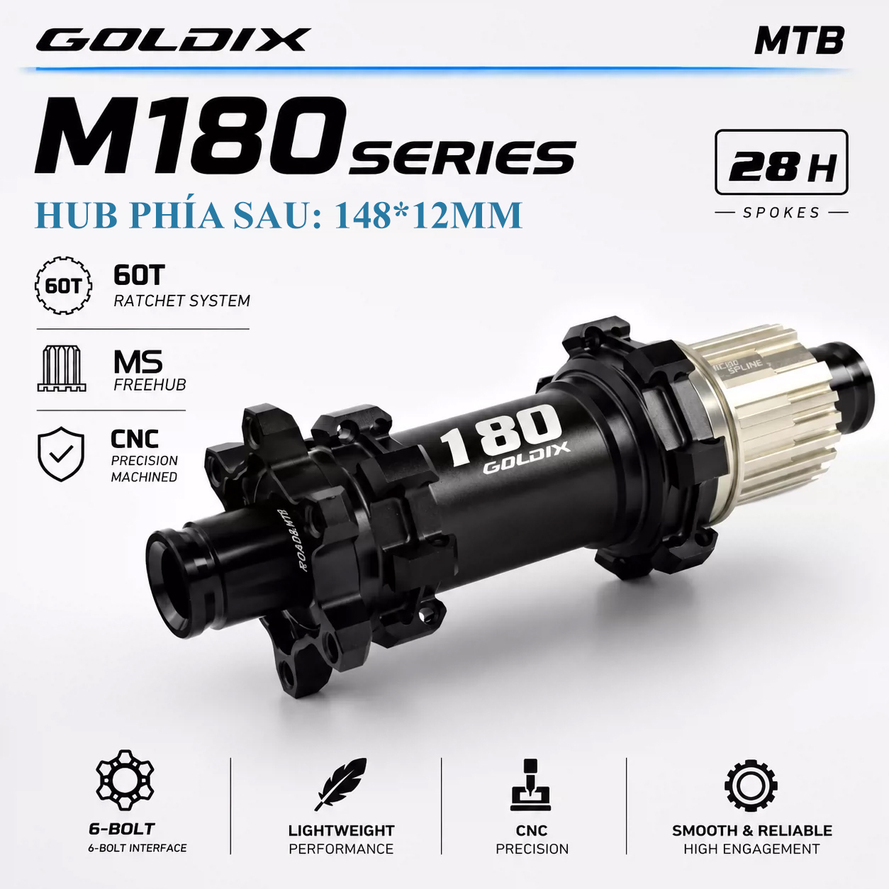 Bộ Hub GOLDIX M180 BOOST Ratchet 60T – 28 Lỗ - Phanh Đĩa 6 Ốc