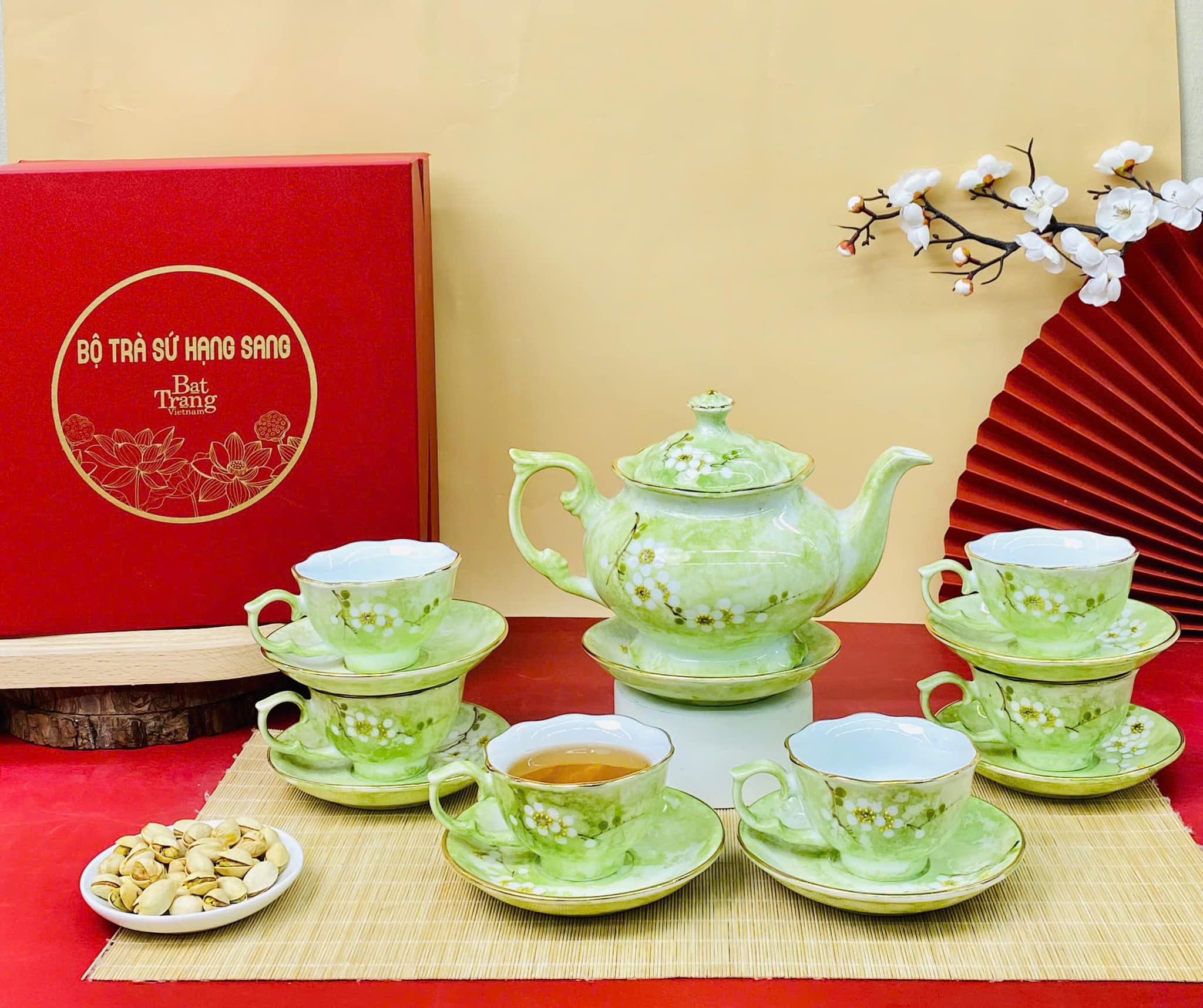 Bộ ấm chén men vân đá vẽ hoa