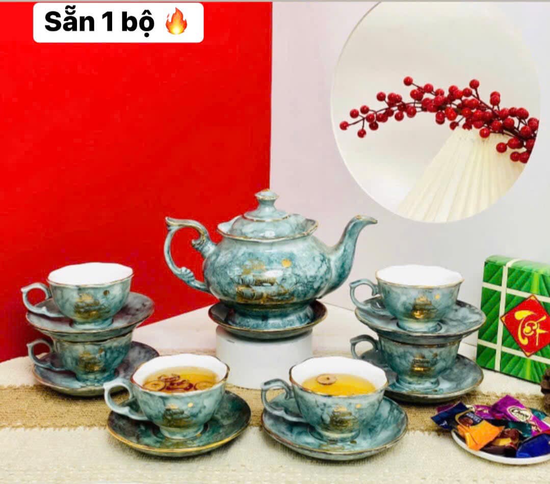 Bộ ấm chén men vân đá vẽ hoa