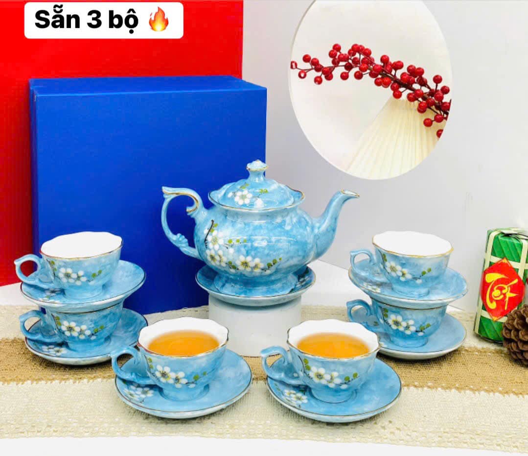 Bộ ấm chén men vân đá vẽ hoa