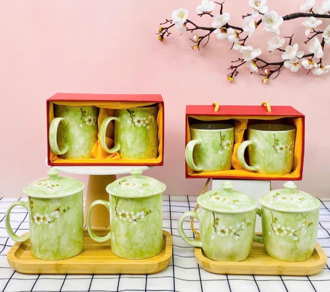 Cốc sứ men đá in hoa trang trí