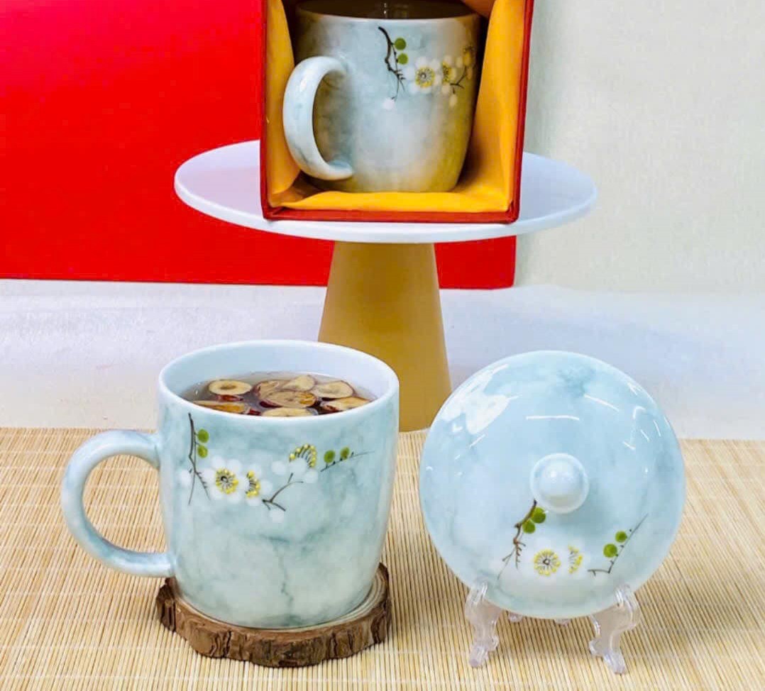 Cốc sứ men đá in hoa trang trí