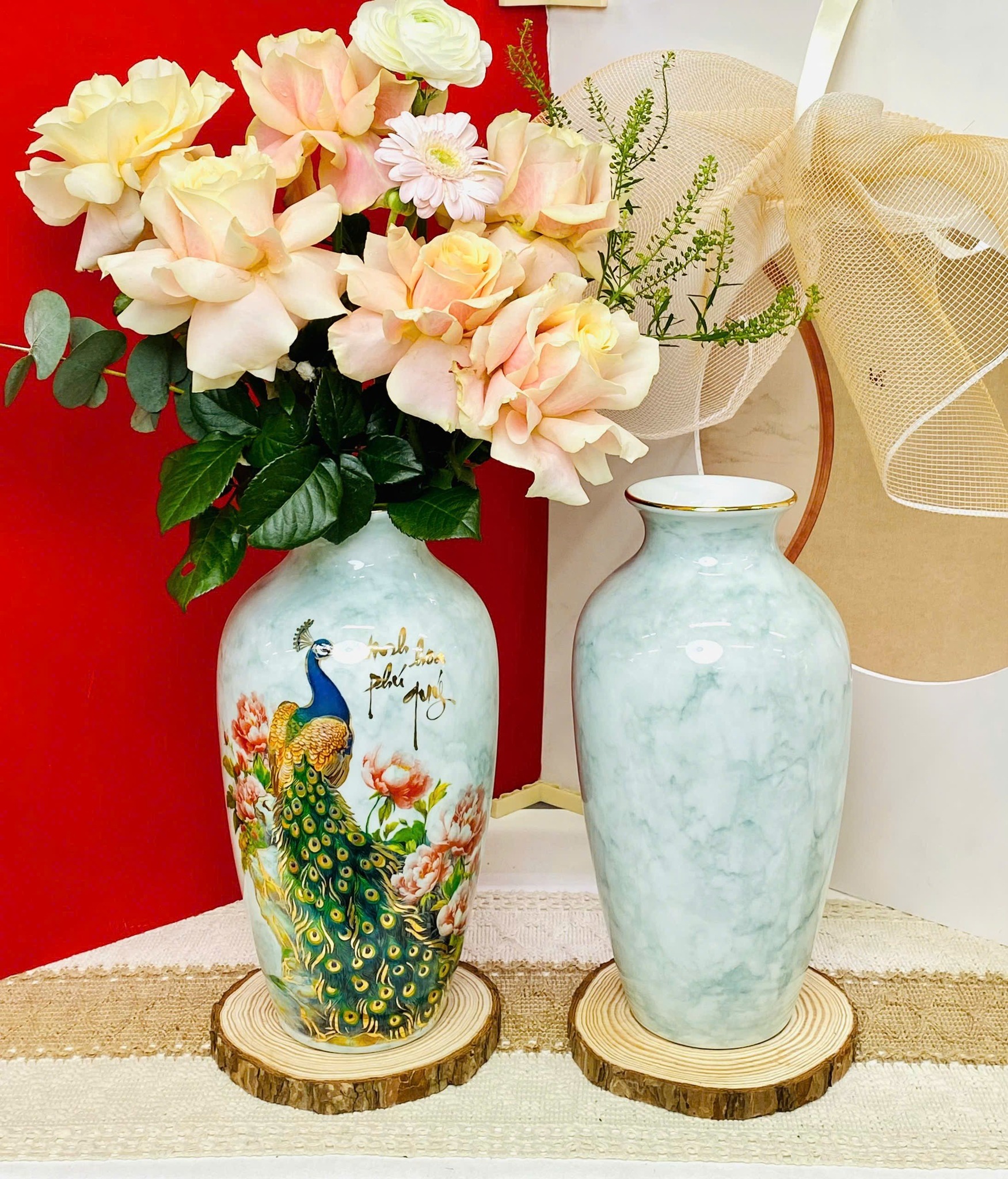 Lọ hoa sứ men đá in vàng kim