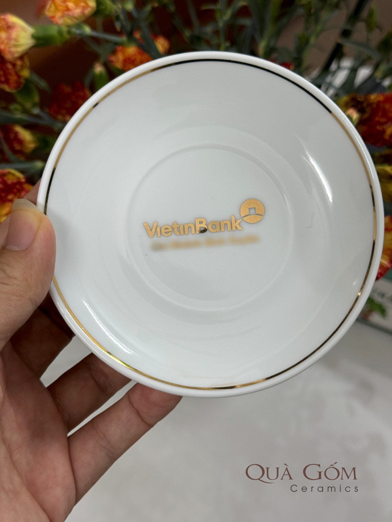Bộ ấm chén trắng viền vàng Vietinbank