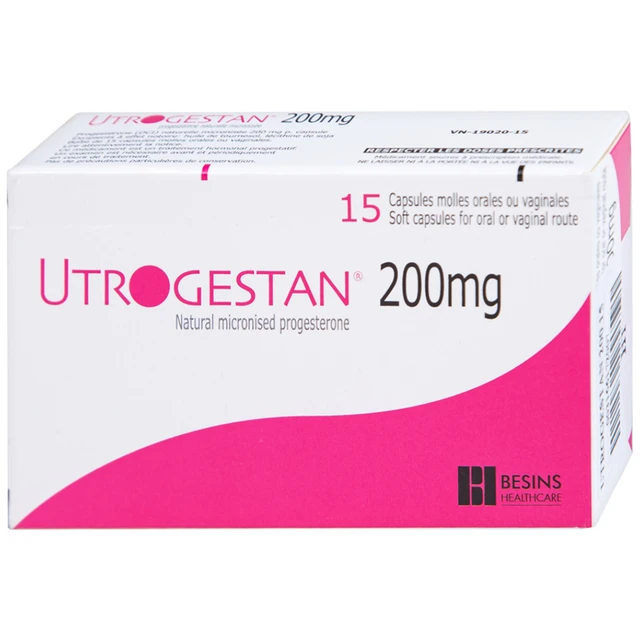 Thuốc Utrogestan 200mg điều trị các rối loạn do thiếu progesterone (hộp 1 vỉ x 7 viên và 1 vỉ x 8 viên)