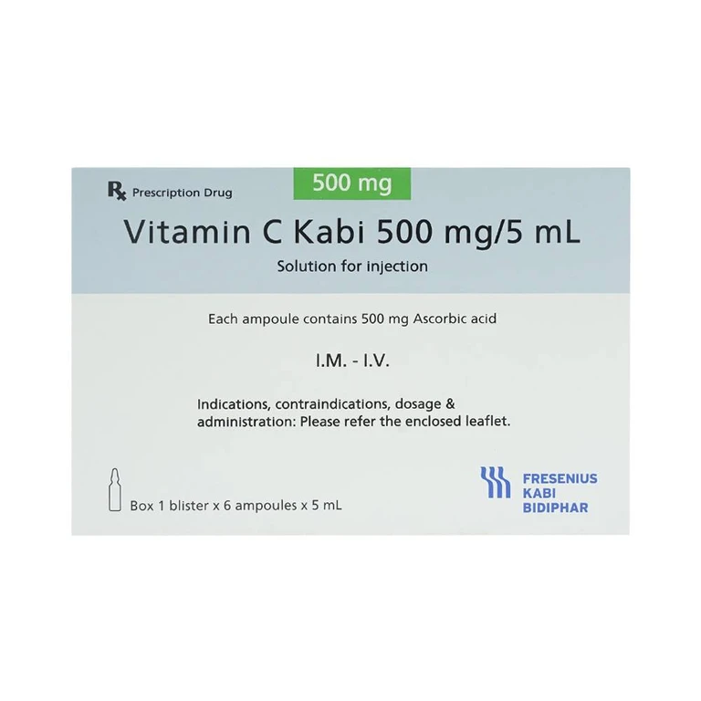 Thuốc tiêm Vitamin C Kabi 500mg/5ml phòng và điều trị bệnh Scorbut (hộp 1 vỉ x 6 ống)