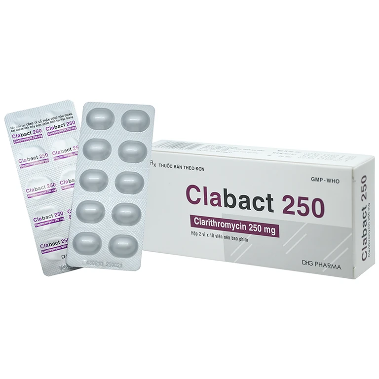 Thuốc Clabact 250 điều trị nhiễm khuẩn đường hô hấp, viêm amidan, viêm tai giữa (hộp 2 vỉ x 10 viên)