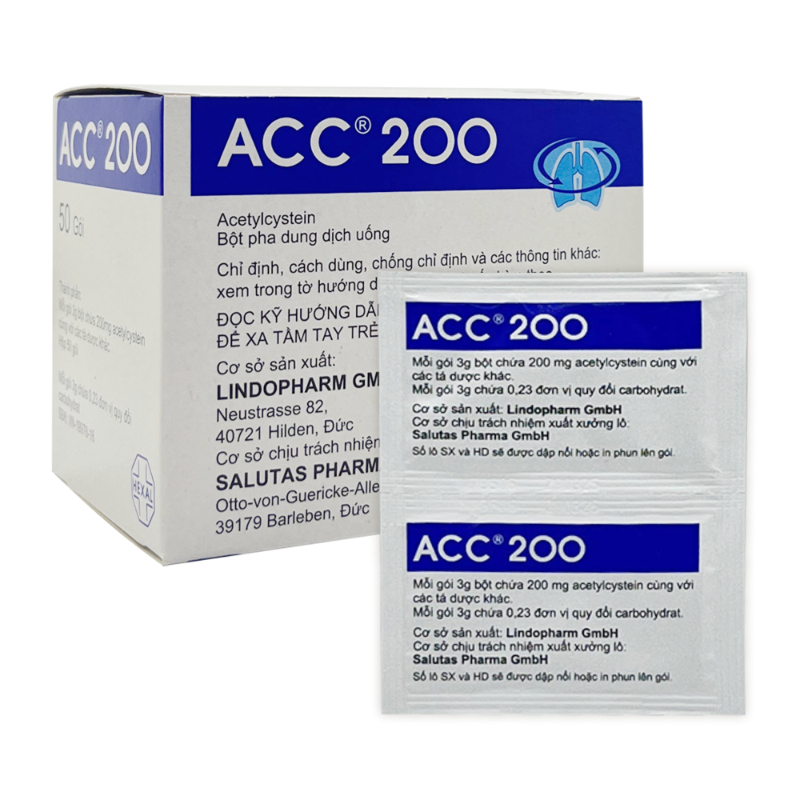 Bột pha dung dịch uống ACC 200 tan đàm trong bệnh lý hô hấp (hộp 50 gói x 3g)
