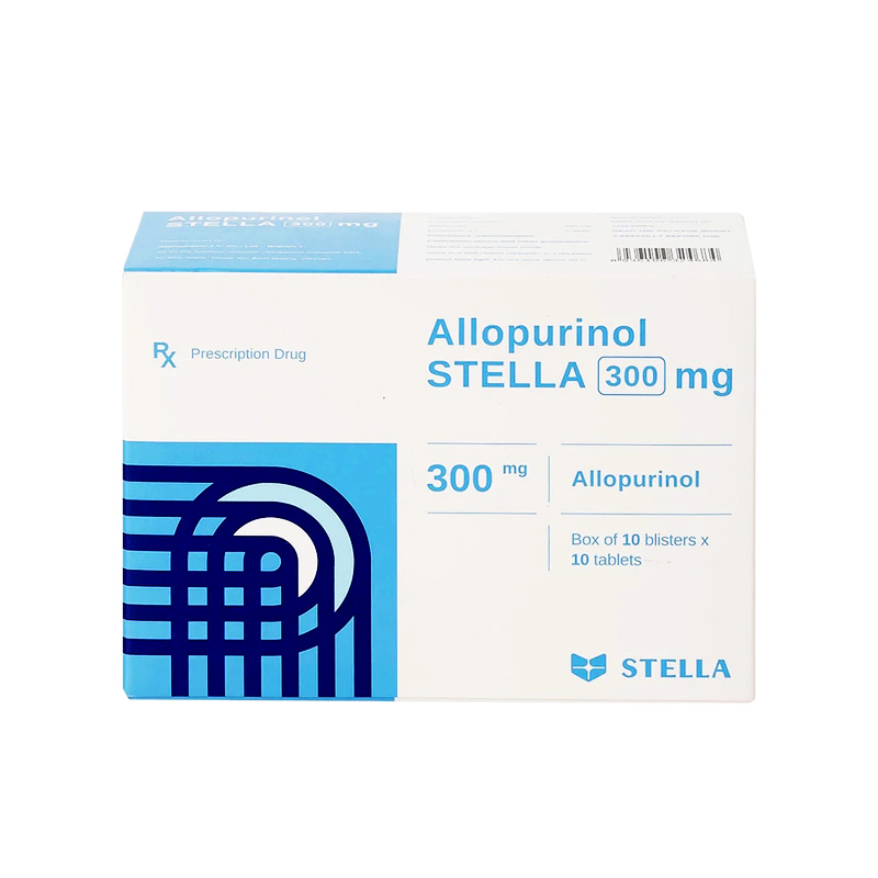 Thuốc Allopurinol Stella 300mg điều trị tăng acid uric máu, sỏi thận (hộp 10 vỉ x 10 viên)