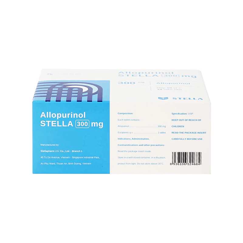Thuốc Allopurinol Stella 300mg điều trị tăng acid uric máu, sỏi thận (hộp 10 vỉ x 10 viên)