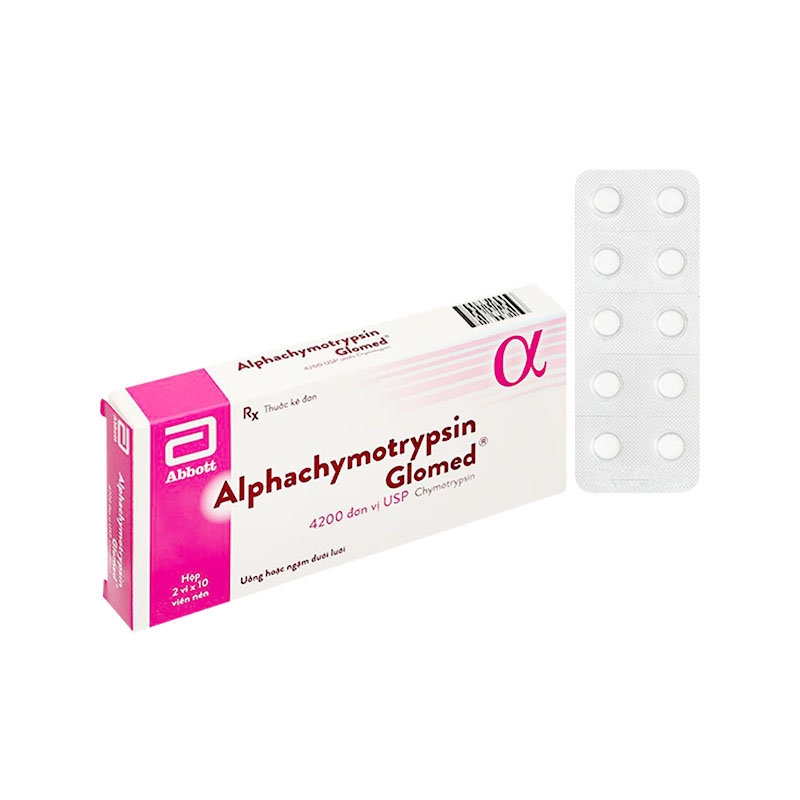 Thuốc Alphachymotrypsin Glomed điều trị phù nề sau chấn thương, phẫu thuật, bỏng (hộp 2 vỉ x 10 viên)