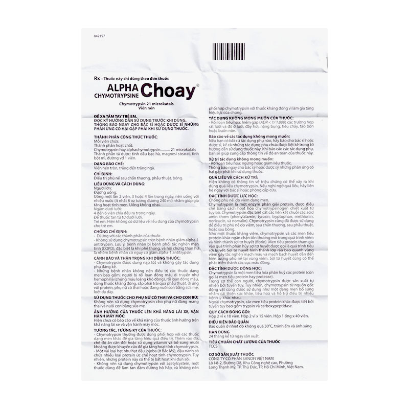Thuốc Alpha Chymotrypsine Choay Sanofi điều trị phù nề sau chấn thương, phẩu thuật, bỏng (hộp 2 vỉ x 15 viên)