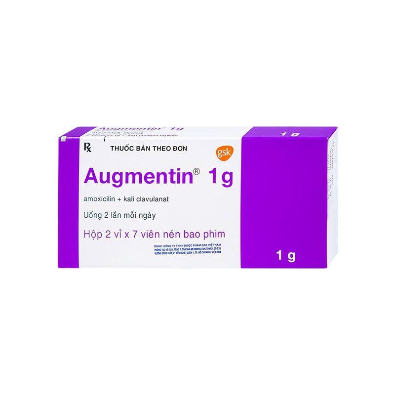 Thuốc Augmentin 1g điều trị nhiễm khuẩn (hộp 2 vỉ x 7 viên)