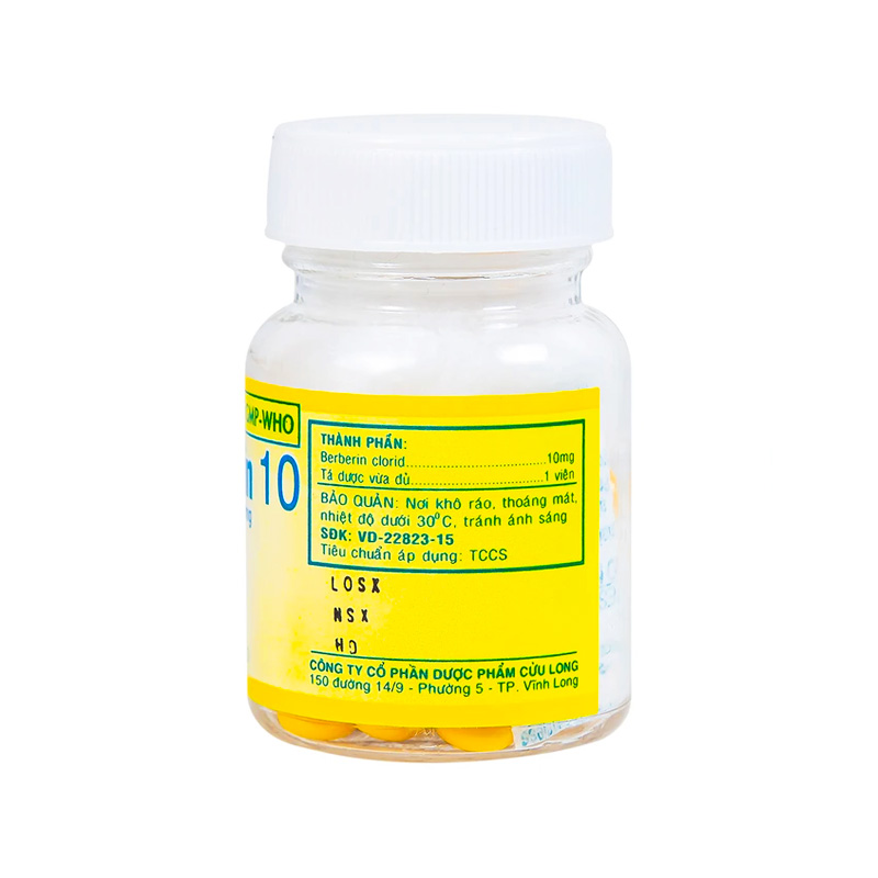 Thuốc Berberin 10 Cửu Long điều trị các hội chứng lỵ, tiêu chảy (hộp 1 chai x 100 viên)