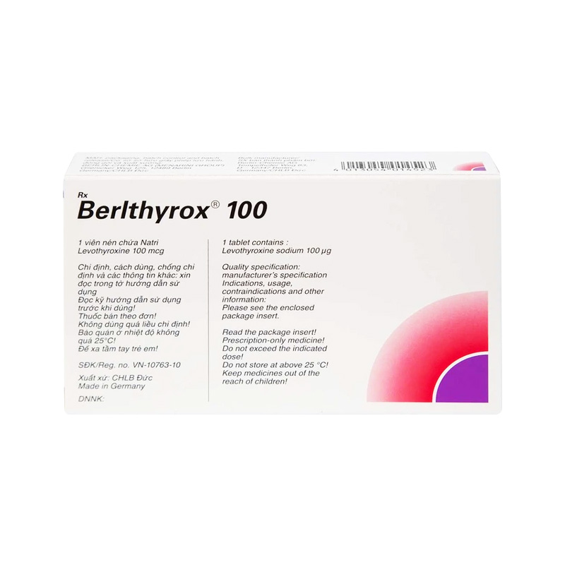 Thuốc Berlthyrox 100  điều trị thiểu năng tuyến giáp (hộp 4 vỉ x 25 viên)