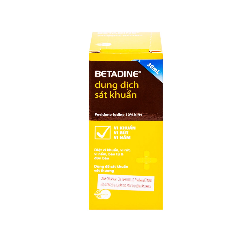 Dung dịch sát khuẩn Betadine Antiseptic ngăn ngừa nhiễm khuẩn vết thương (hộp 1 chai x 30ml)