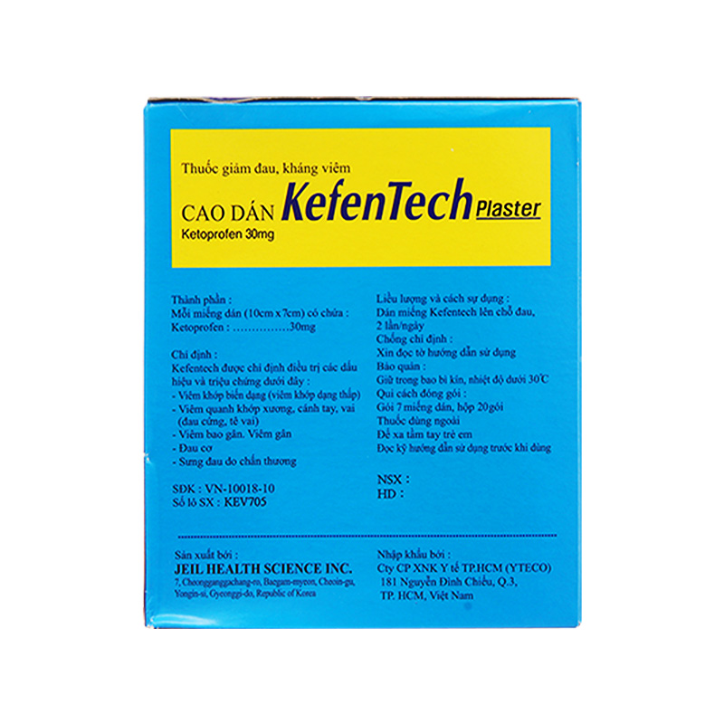 Cao dán KefenTech Plaster giảm đau viêm khớp, đau do chấn thương (hộp 20 Gói x 7 Miếng, (7cm x 10cm))