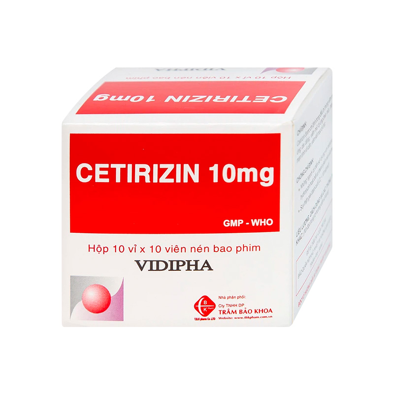 Thuốc Cetirizin 10mg Vidipha điều trị triệu chứng viêm mũi dị ứng, mề đay (hộp 10 vỉ x 10 viên)