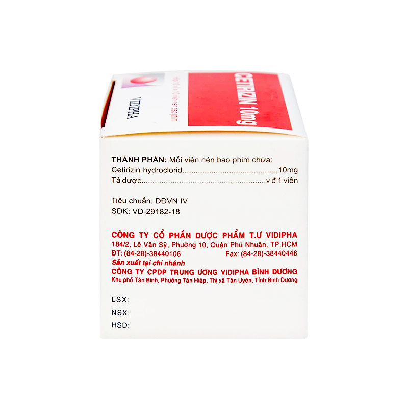 Thuốc Cetirizin 10mg Vidipha điều trị triệu chứng viêm mũi dị ứng, mề đay (hộp 10 vỉ x 10 viên)