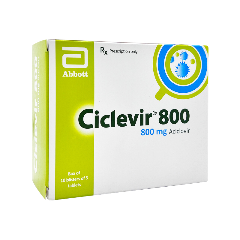 Thuốc Ciclevir 800 điều trị và phòng ngừa virus Herpes simplex (hộp 10 vỉ x 5 viên)