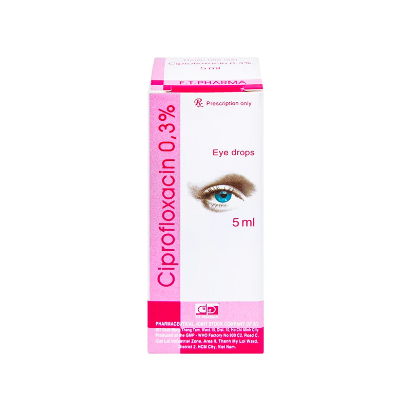 Dung dịch nhỏ mắt Ciprofloxacin 0.3% F.T.Pharma điều trị loét giác mạc (hộp 1 chai x 5ml)