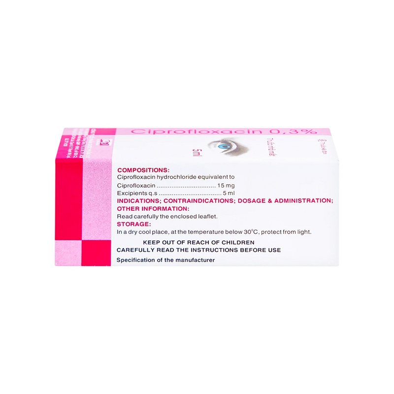 Dung dịch nhỏ mắt Ciprofloxacin 0.3% F.T.Pharma điều trị loét giác mạc (hộp 1 chai x 5ml)
