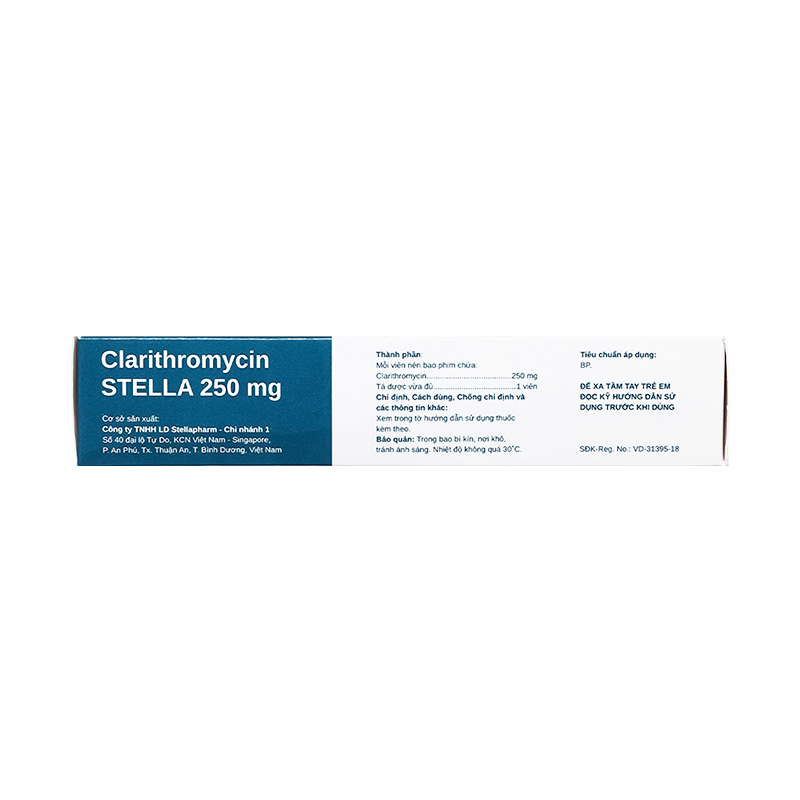 Thuốc Clarithromycin Stella 250mg điều trị nhiễm khuẩn (hộp 2 vỉ x 10 viên)