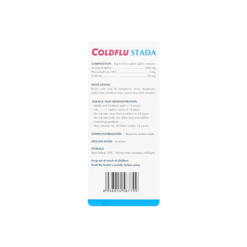 Thuốc Coldflu Stada trị các triệu chứng cảm cúm (hộp 25 vỉ x 4 viên)