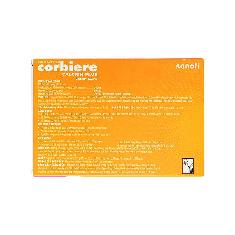 Thực phẩm bảo vệ sức khỏe Corbiere Calcium Plus D3-K2 (hộp 30 ống x 10ml)