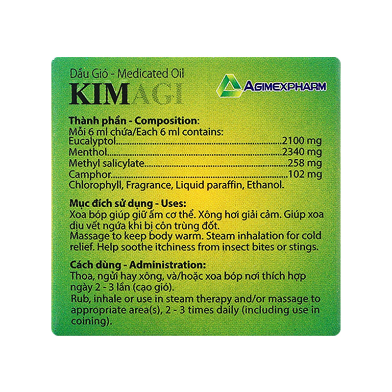Dầu gió Kim Agi Xanh giữ ấm, massage hỗ trợ thư giãn (chai 6ml)