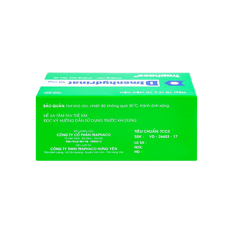 Thuốc Dimenhydrinat 50mg chống nôn, chống say tàu xe (hộp 10 vỉ x 10 viên)