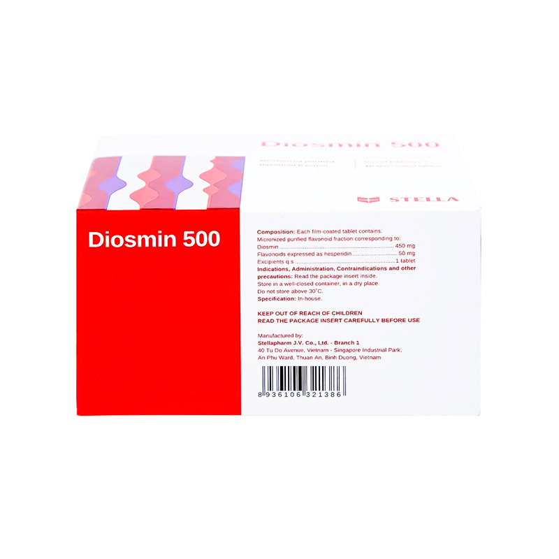 Viên nén Diosmin 500 điều trị trĩ, suy giãn tĩnh mạch (hộp 6 vỉ x 10 viên)