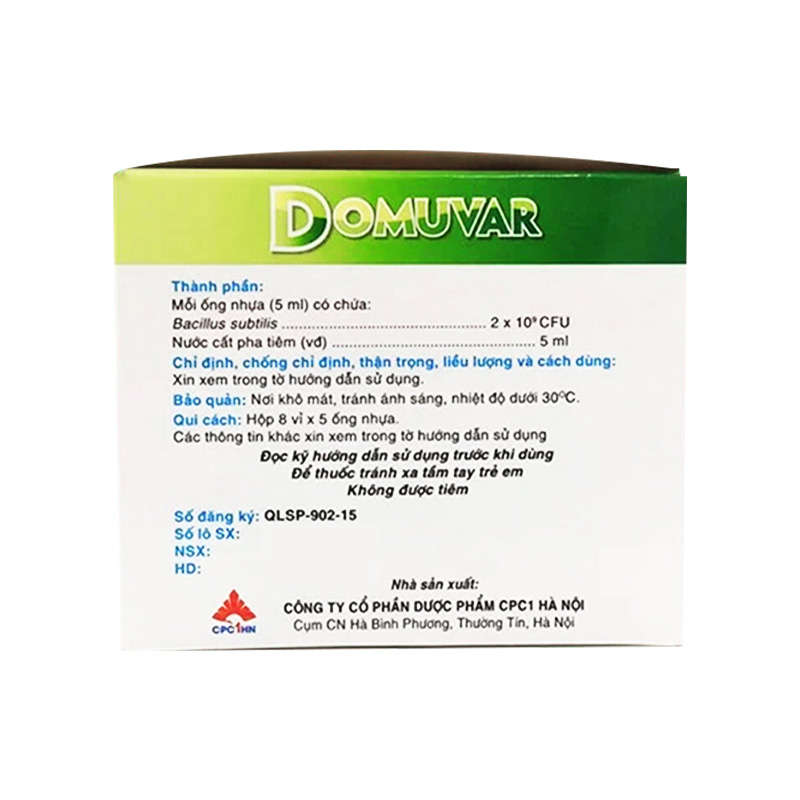 Hỗn dịch uống men vi sinh Domuvar điều trị rối loạn tiêu hóa (hộp 4 vỉ x 5 ống)